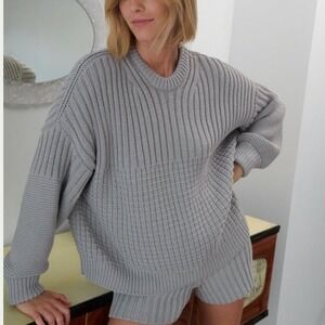 The Knotty Ones Delcia Gray Knit Sweater 100% Cotton Oversized One Size Gray